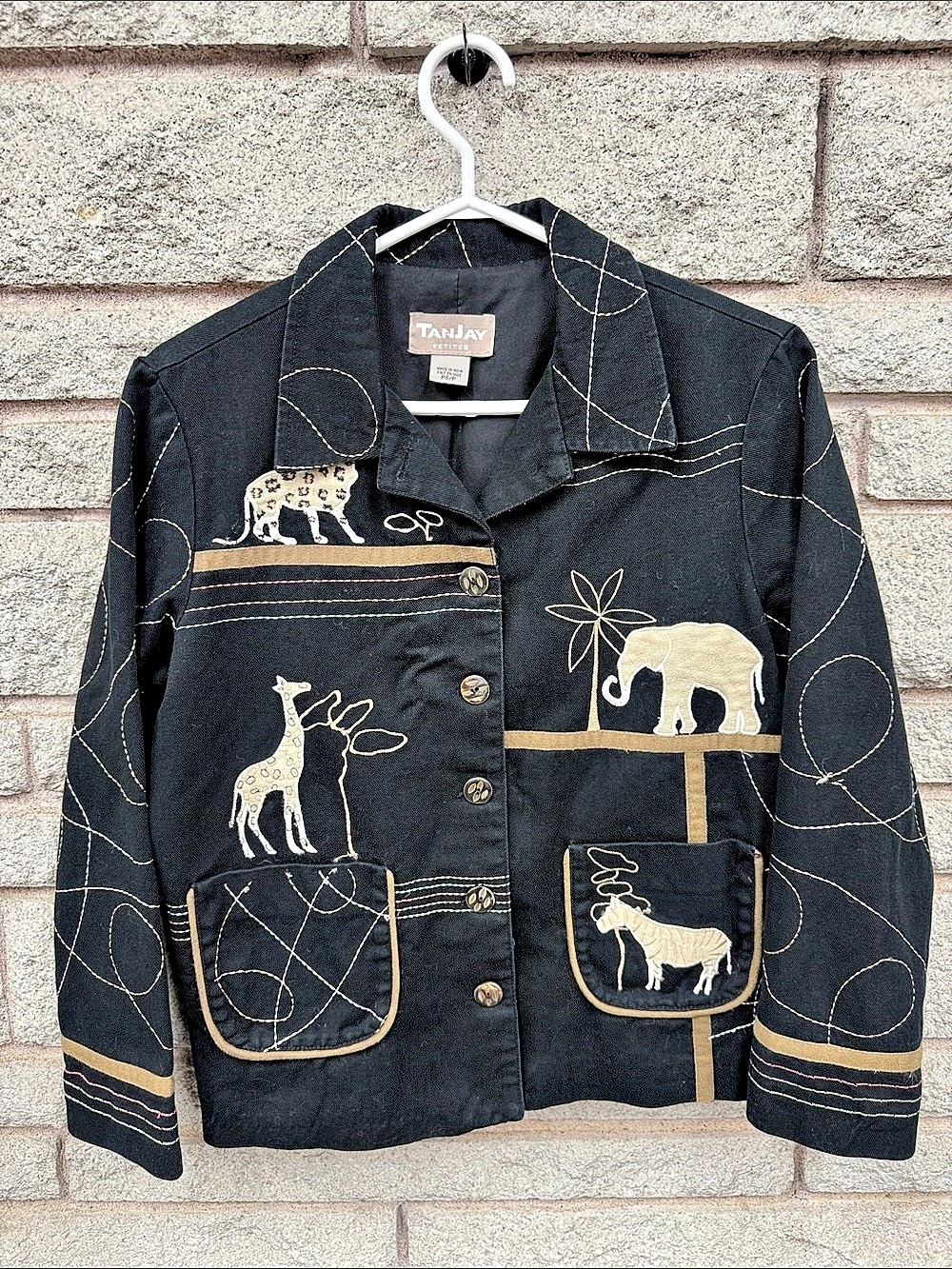 TanJay Petites Safari Animal Embroidered Jacket P/P Black Cotton Elephant Giraff
